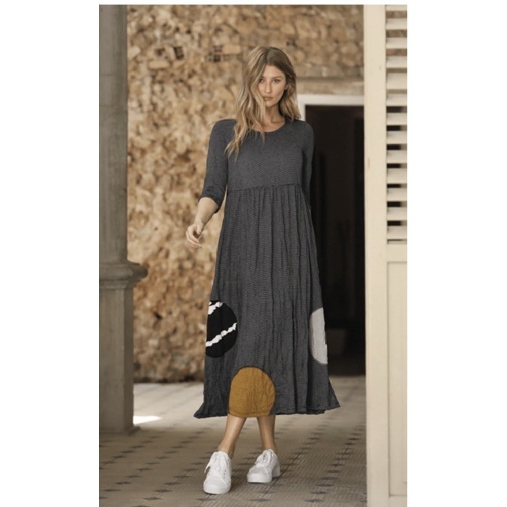 Alembika Lagenlook Jersey Dress Size 0 (4-6 US) Black Yellow Empire Crinkle Boho